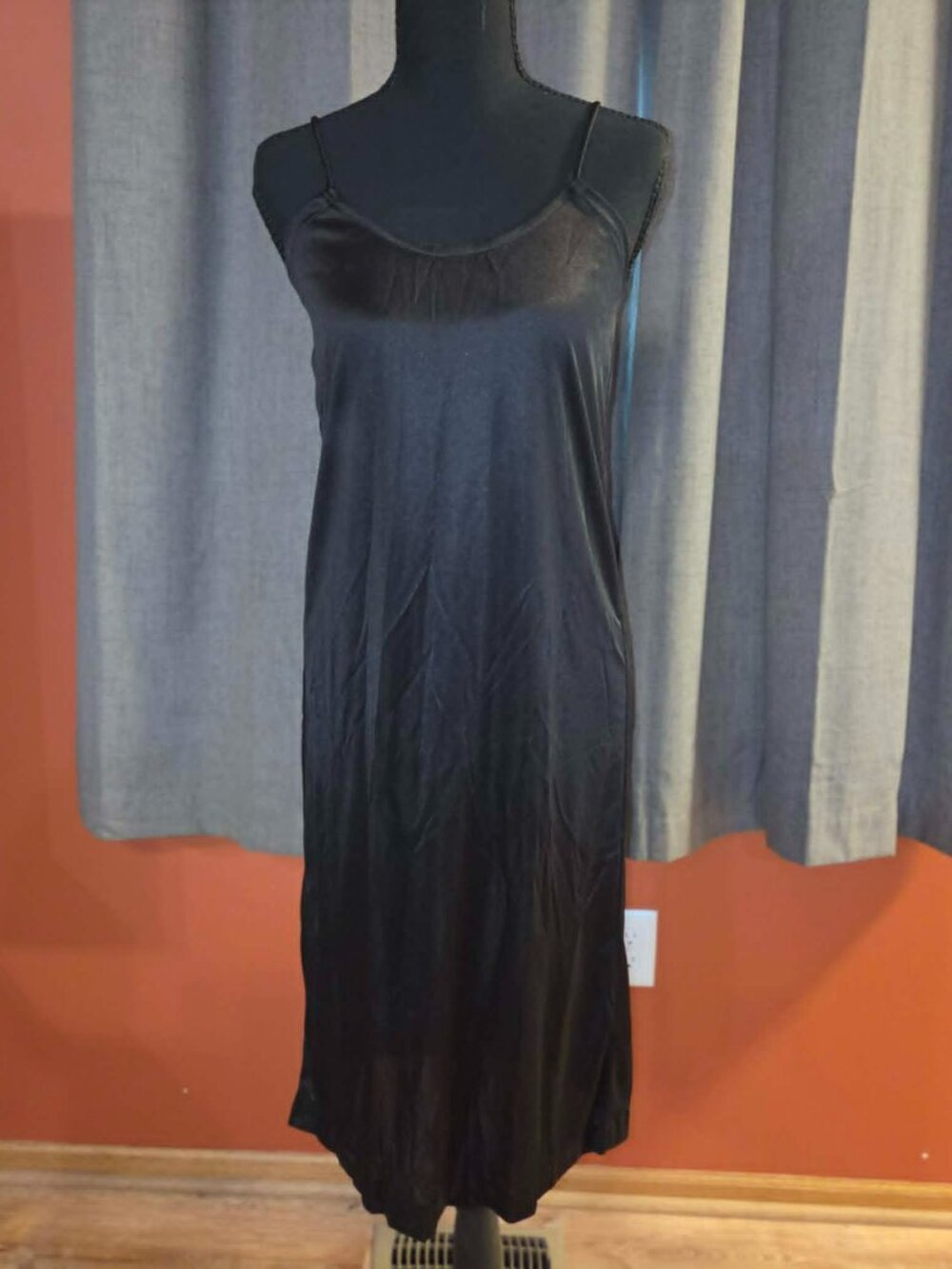 Black Satin Slip Dress Adjustable Spaghetti Straps
